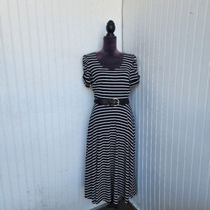 Signature by Robbie Bee Dress Black White Striped Ruche Sleeves Belt Stretch M